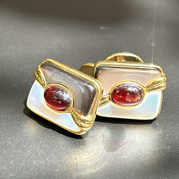 Vintage Kylo Sterling Silver Gold plated Garnet MOP Cufflinks - Picture 2 of 6